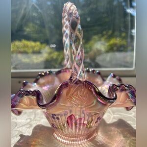 Fenton Iridescent Pink and Purple Glass Basket with classic ribbon candy edge